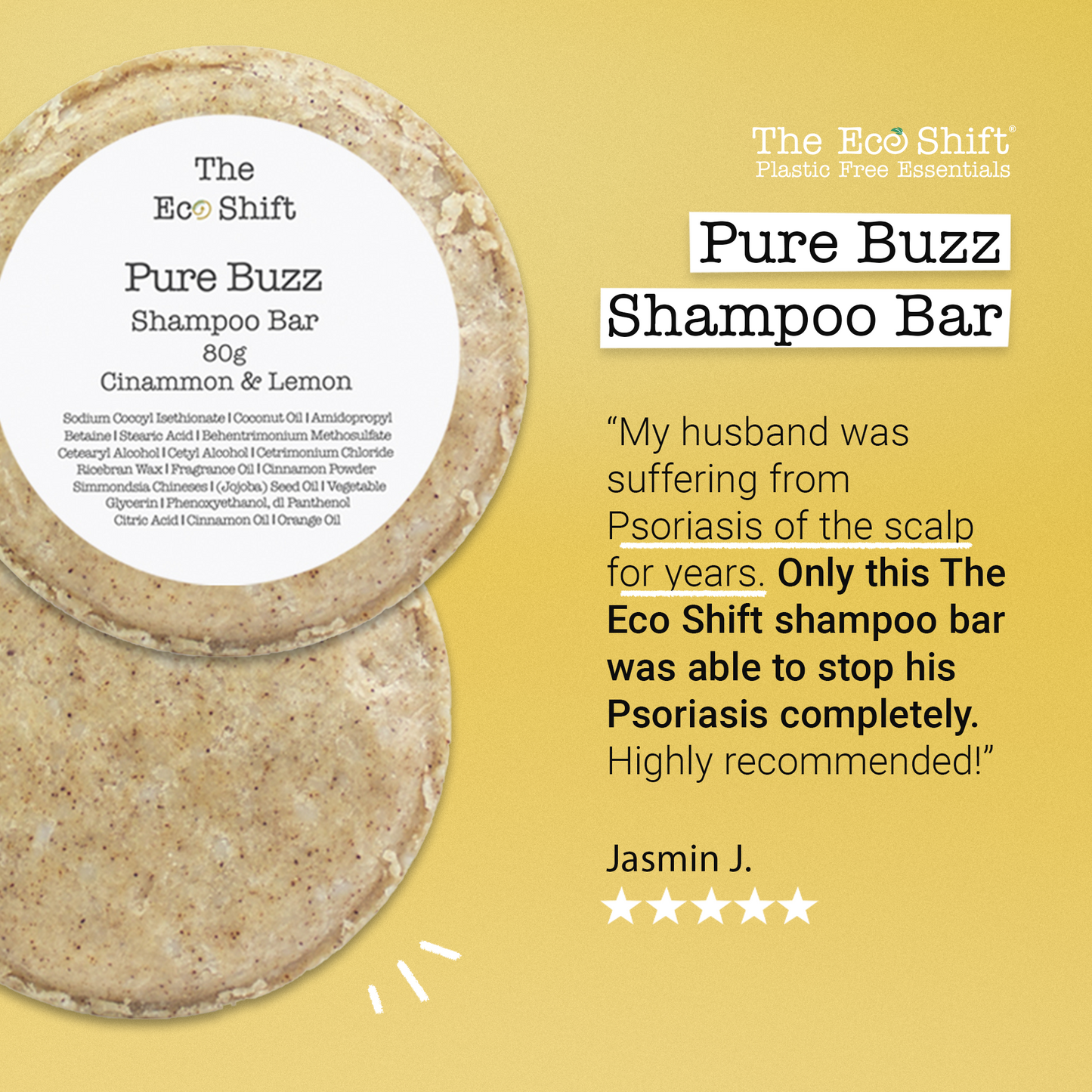 Dandruff Control and Scalp Care - Pure Buzz Shampoo Bar with Cinnamon Extract and Lemon Oil
