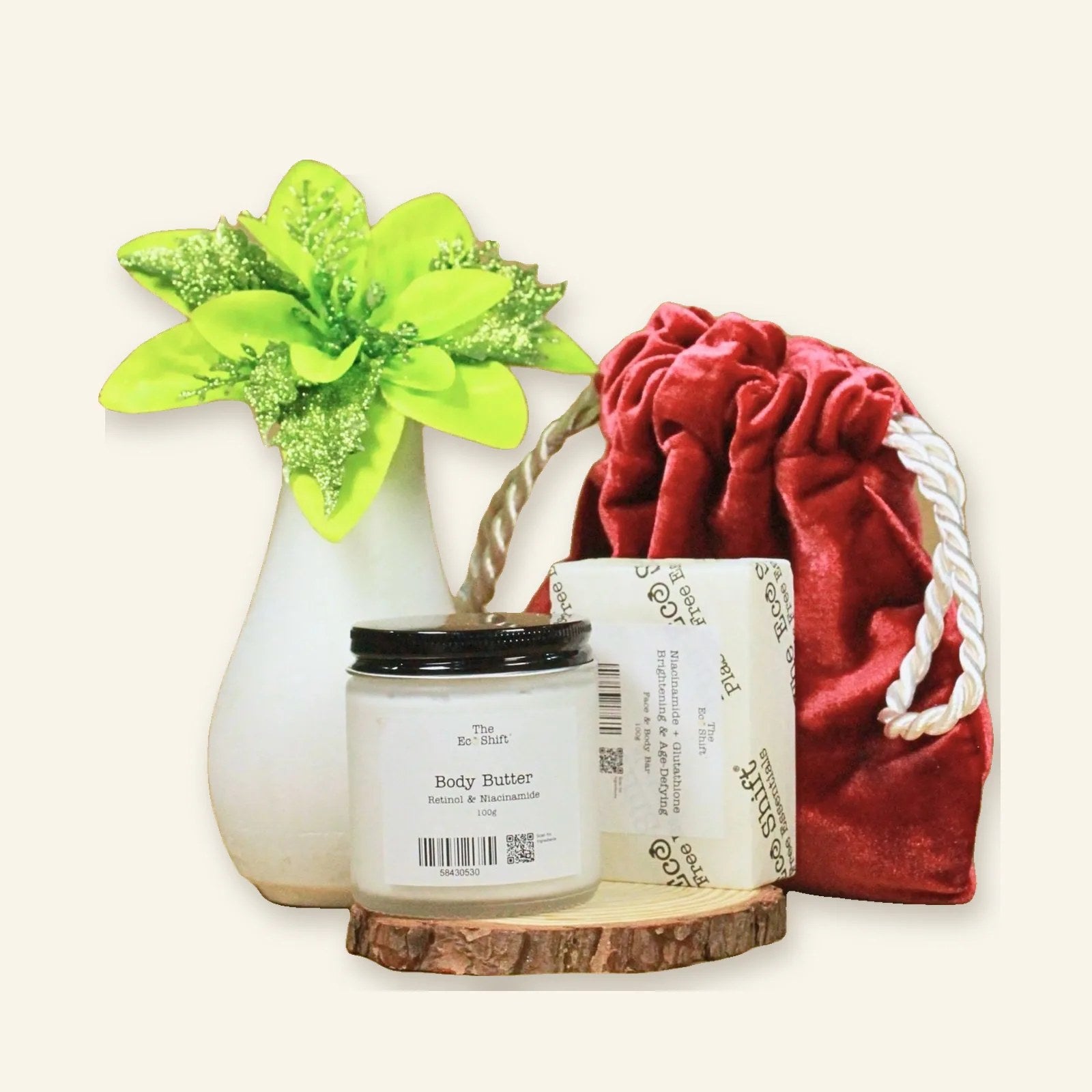 Body bar and body butter with a red velvet pouch